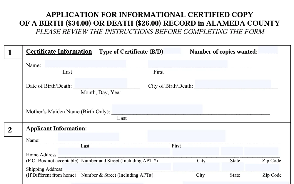 A screenshot of the form used to obtain birth or death documentation.