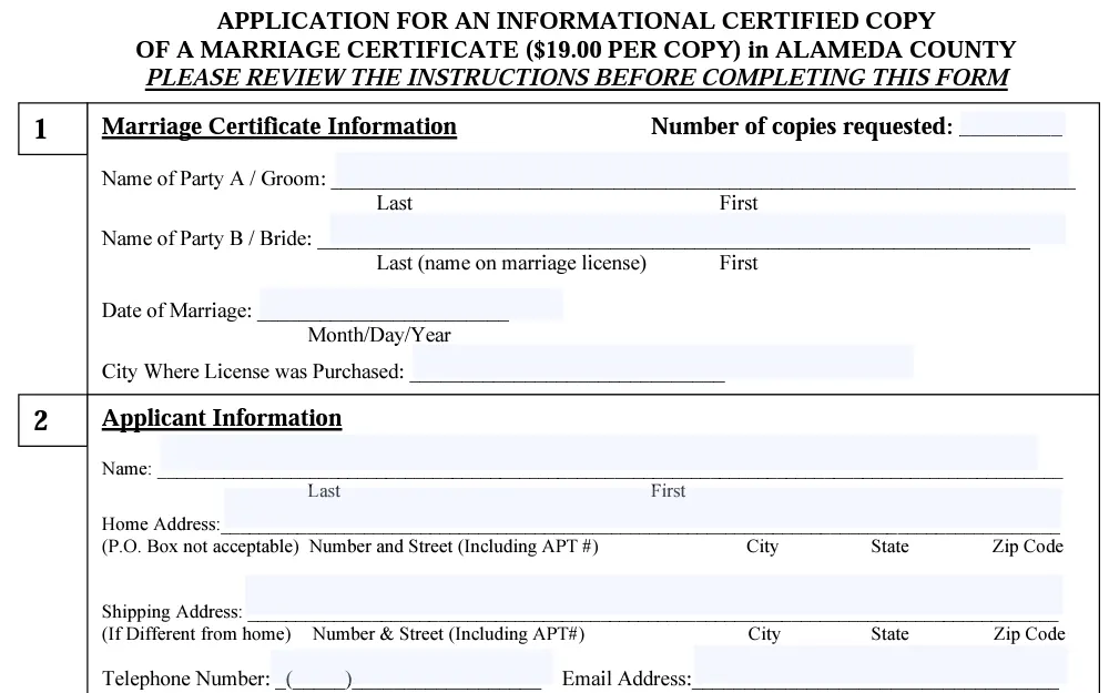 A screenshot of the form used to request marriage documentation in Alameda County.