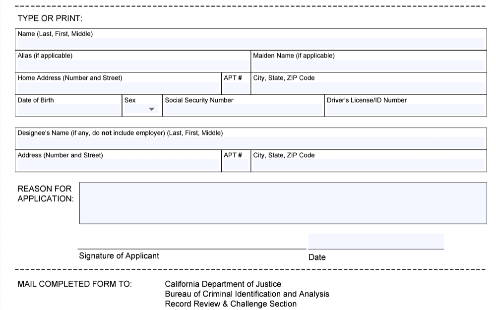 A screenshot of the Criminal History Report Application form used to obtain the user's criminal data.