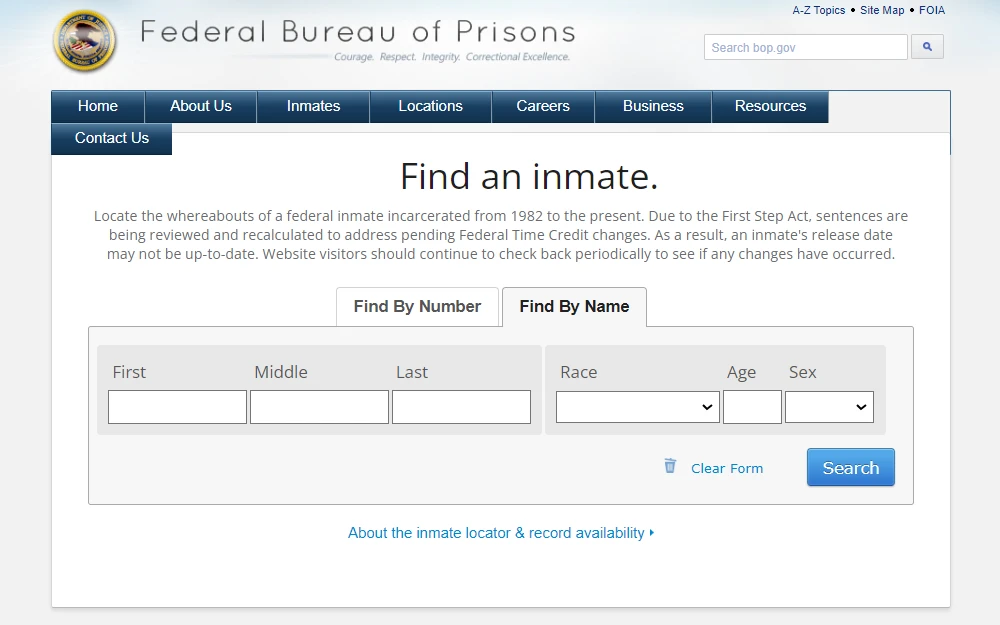 A screenshot of the BOP inmate locator offered by the Federal Bureau of Prisons, where the user can access a parolee database to find a subject’s historical parole details at the federal level.