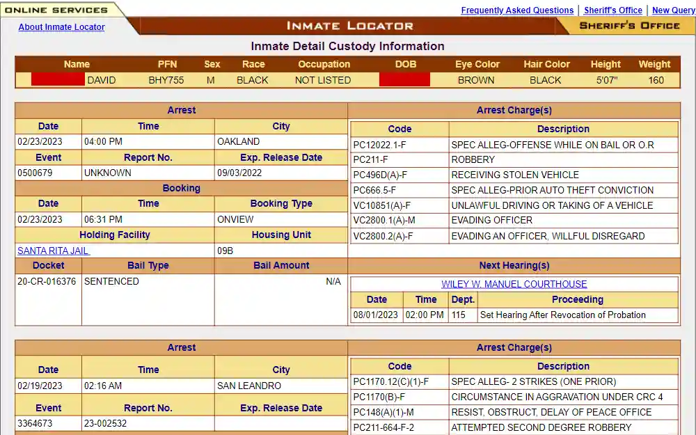 A screenshot of the Alameda County Sheriff’s Office Inmate Locator that can be used to search for up-to-date information about people arrested and in custody in Alameda County.
