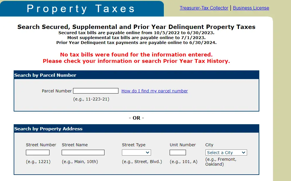 A screenshot of the Treasurer-Tax Collector search tool where the user can search for property tax information from the current and prior tax years.