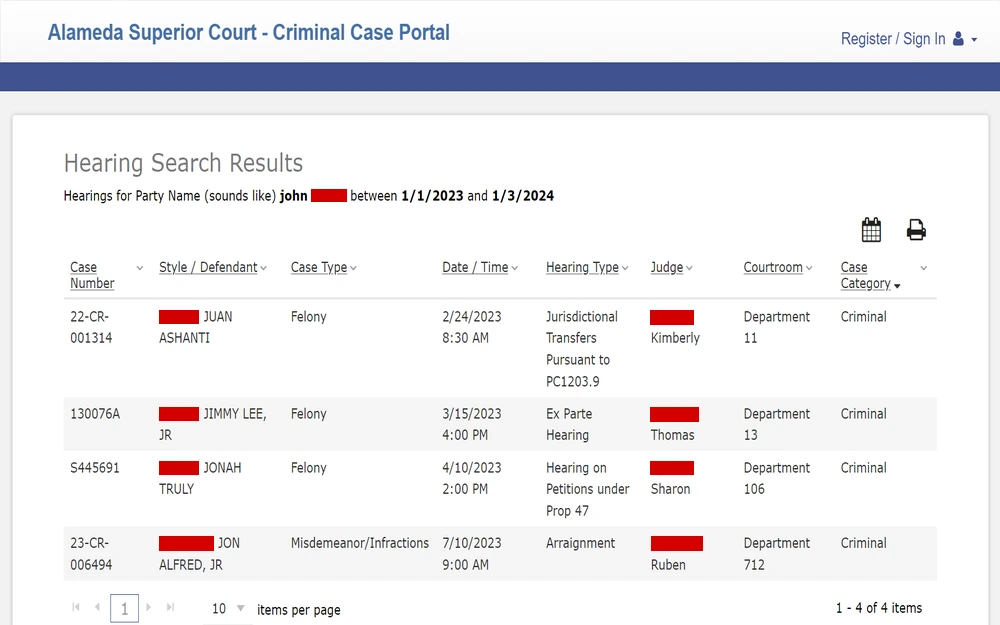 A screenshot of a court's online portal displaying a table of various criminal case details, including case numbers, charges, dates, hearing types, judicial officers, and courtroom assignments, all listed within a defined time frame.