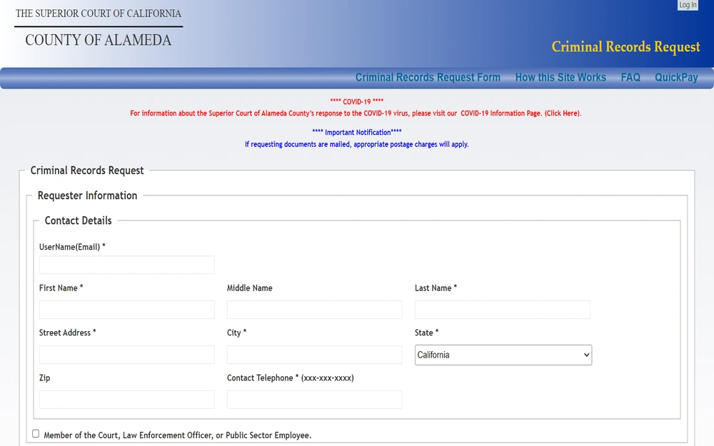 A screenshot of a web form from a legal website for requesting criminal records, featuring fields for entering personal contact details such as email, name, address, and phone number, with notices regarding COVID-19 and important document mailing information prominently displayed at the top.