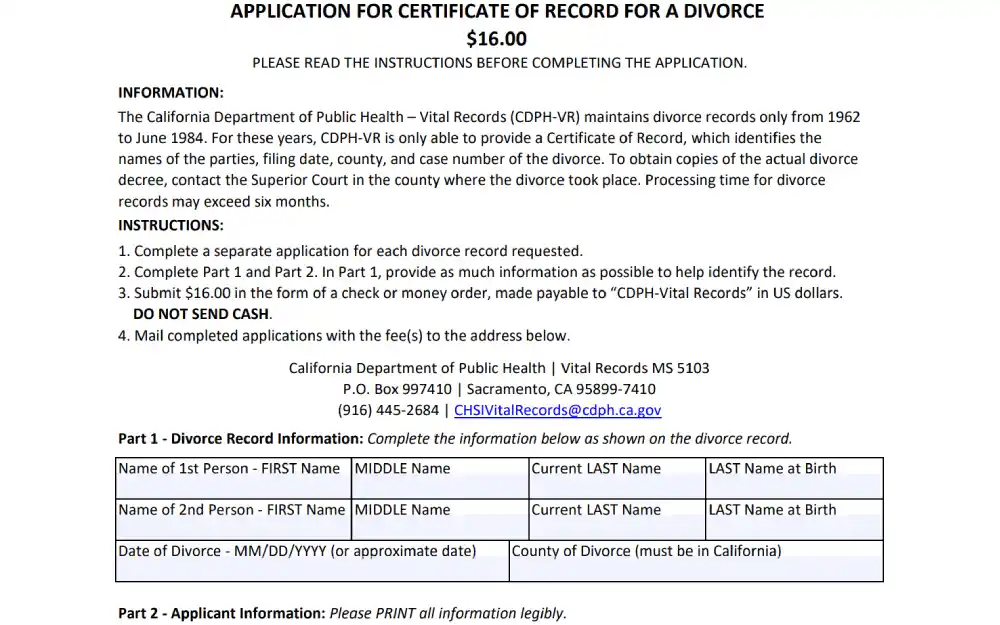 A screenshot of certificate of record for a marital dissolution from a public health department, detailing the process and cost for obtaining the record, with sections for personal details of the individuals involved and the applicant's information.