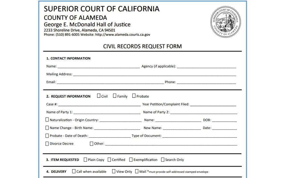 A screenshot of legal document request form from a Superior Court in California for civil, family, and probate records, with fields for contact information, case details, and delivery options.