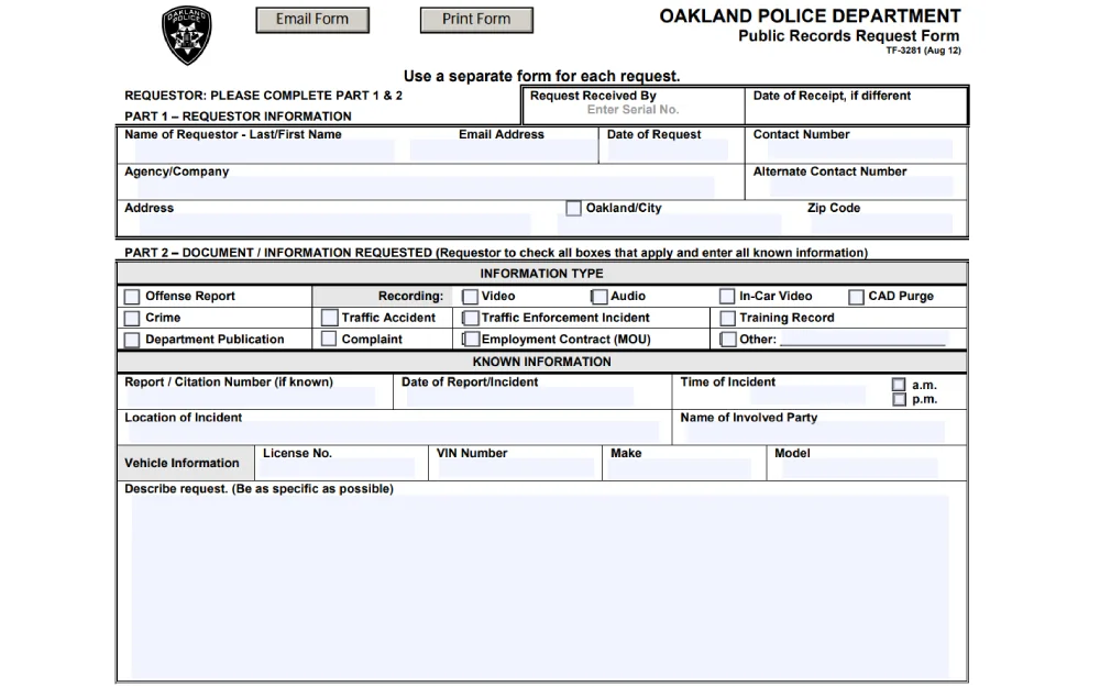 A screenshot of a public records request form for the Oakland Police Department featuring two parts for completion: the first for the requester's contact information and the second for detailed information about the specific documents or information being requested, including options for various types of reports and recordings related to offenses, traffic incidents, and other police matters.