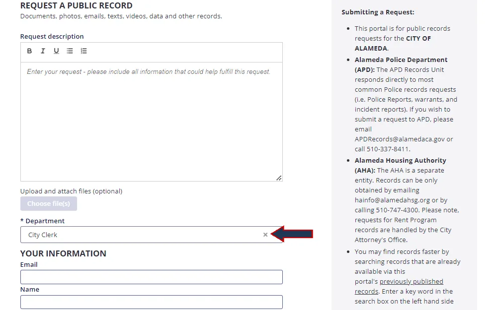 Screenshot of the online public record request form from the city of Alameda, displaying the text box provided for the request description, fields for name and email, and the drop down menu for departments with "City Clerk" selected.