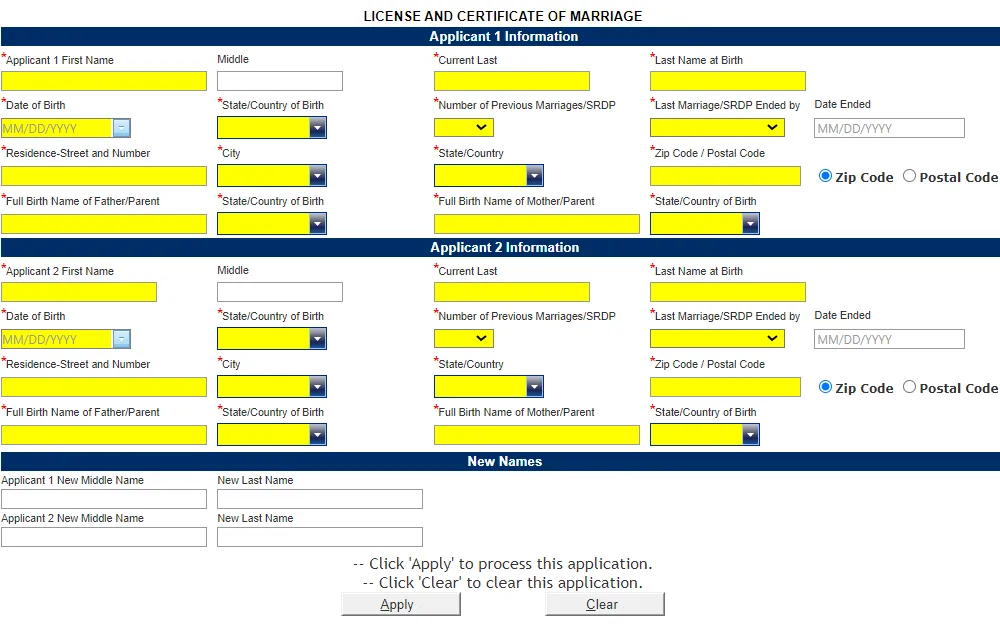 Screenshot of the online application form for marriage certificates from the Alameda County Clerk-Recorder's Office, requiring applicant information such as name, birth date, residence, full names of birth parents, numbers of previous marriages, status of last marriage, and optional fields for the new names.