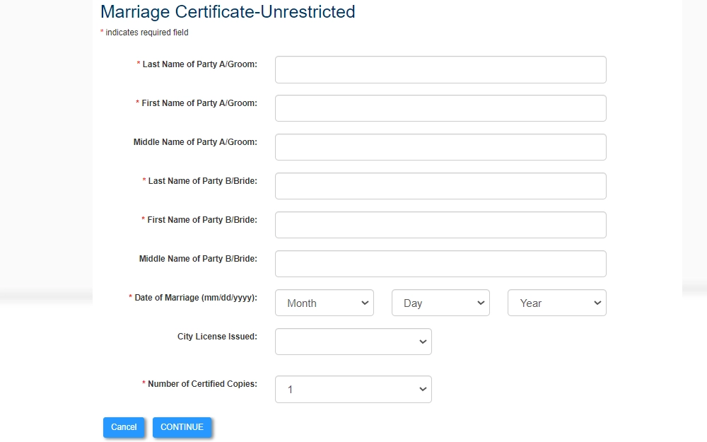 Screenshot of the online order form for unrestricted marriage certificate from Alameda County Clerk-Recorder's Office, requiring the bride and groom's names, date of marriage, and number of certified copies, with an optional drop-down menu for the city of license issuance.