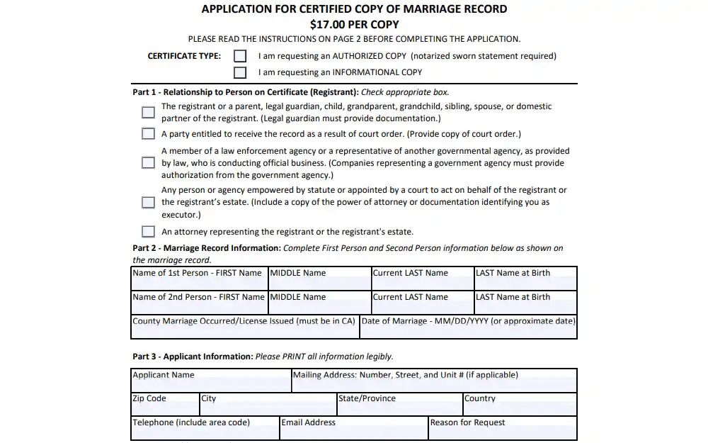 Screenshot of the application form for a certified copy of marriage record from the California Department of Public Health, showing the associated fee, instructions, check boxes for certificate type and party type, and the fillable fields for party information, including names of both parties, county of marriage or license issuance, and date of marriage; and applicant information, including the name, mailing address, contact information, and reason for the request.